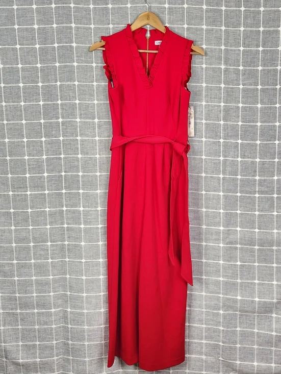 Calvin Klein Sleeveless Red Wide-Leg Jumpsuit with Waist Tie - Picture 3 of 8